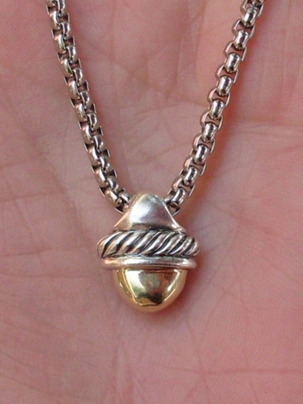 Retired David Yurman Gold Dome Acorn Pendant w/DY Chain - 14K/925 - No Dents